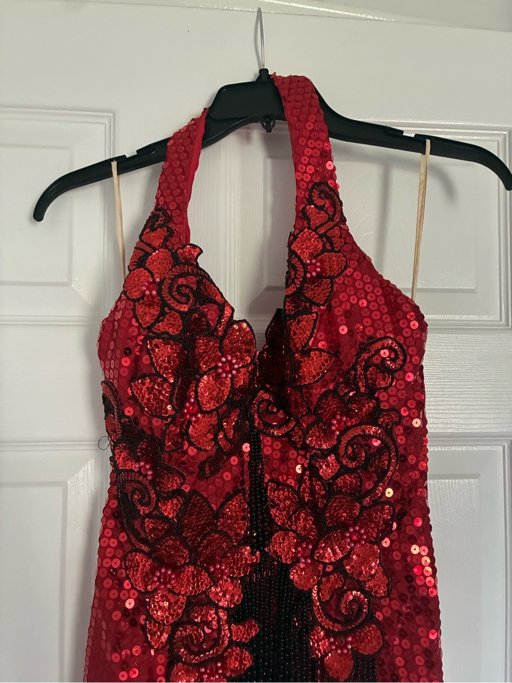 Red Sequin Halter Evening Dress with Black Appliqué